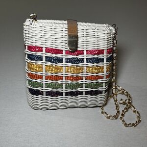 Vtg 80's Rainbow Stripe Woven Basket Purse Gold Clasp & Chain Strap Classic